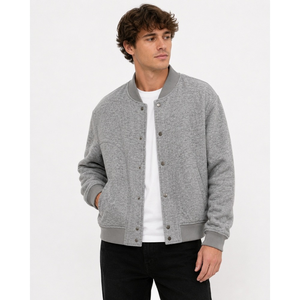 Fleece Bomber Jacket Mens XL Gray Snap Front Ribbed Trim Minimalist Casual
